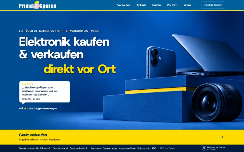Website von Prima Sparen am Desktop: Startseite „Elektronik kaufen & verkaufen direkt vor Ort", vollständig ohne Scrollen