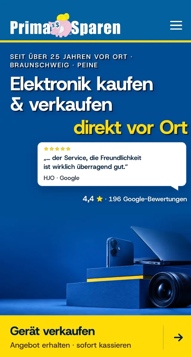 Website von Prima Sparen auf dem Smartphone: dieselbe Startseite mit eigener mobiler Anordnung